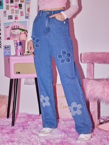 ROMWE Vaqueros con bordado floral - Azul lavado medio - Ver 3