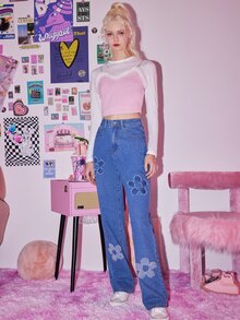 ROMWE Vaqueros con bordado floral - Azul lavado medio - Ver 5