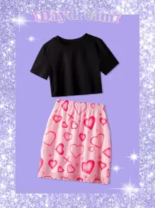 ROMWE 短款T恤和愛心圖案半身裙