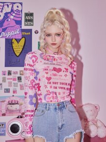 ROMWE Kawaii Letter Heart & Star Print Top - Pink - View 1