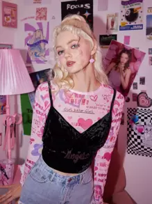 ROMWE Kawaii Letter Heart & Star Print Top - Pink - View 4