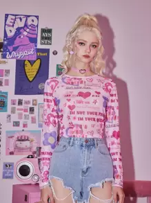 ROMWE Kawaii Letter Heart & Star Print Top - Pink - View 6