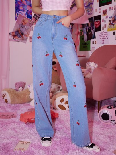 Kawaii Cherry Embroidery Jeans