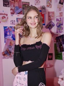 ROMWE Áo thun nữ Nghề thêu Xù nhỏ Gân đan Lá thư Loại bướm Gợi cảm - màu đen - Xem 2