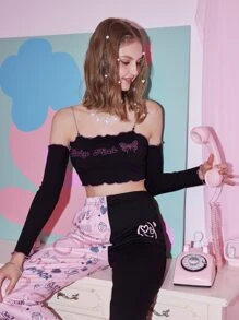 ROMWE Áo thun nữ Nghề thêu Xù nhỏ Gân đan Lá thư Loại bướm Gợi cảm - màu đen - Xem 3