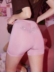 ROMWE Kawaii Shorts biker con mariposa con diamante de imitación - Rosa Pálido - Ver 1
