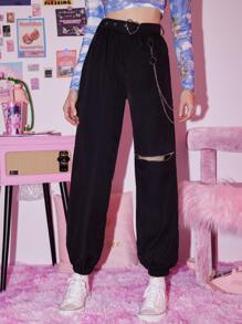 ROMWE Kawaii Zip Front Carrot Pants - Black - View 1