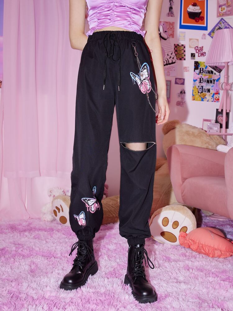 ROMWE Kawaii Pantalones con estampado de mariposa con cremallera delantera con nudo - Negro - Añade 1