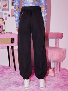 ROMWE Kawaii Zip Front Carrot Pants - Black - View 2