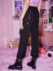 ROMWE Kawaii Pantalones con estampado de mariposa con cremallera delantera con nudo - Negro - Ver 2