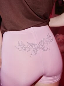 ROMWE Kawaii Shorts biker con mariposa con diamante de imitación - Rosa Pálido - Ver 4
