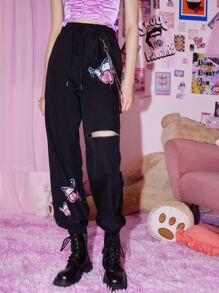 ROMWE Kawaii Pantalones con estampado de mariposa con cremallera delantera con nudo - Negro - Ver 3