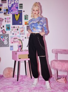 ROMWE Kawaii Zip Front Carrot Pants - Black - View 3