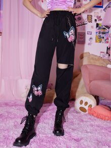 ROMWE Kawaii Pantalones con estampado de mariposa con cremallera delantera con nudo - Negro - Ver 5