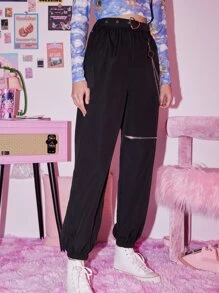 ROMWE Kawaii Zip Front Carrot Pants - Black - View 5