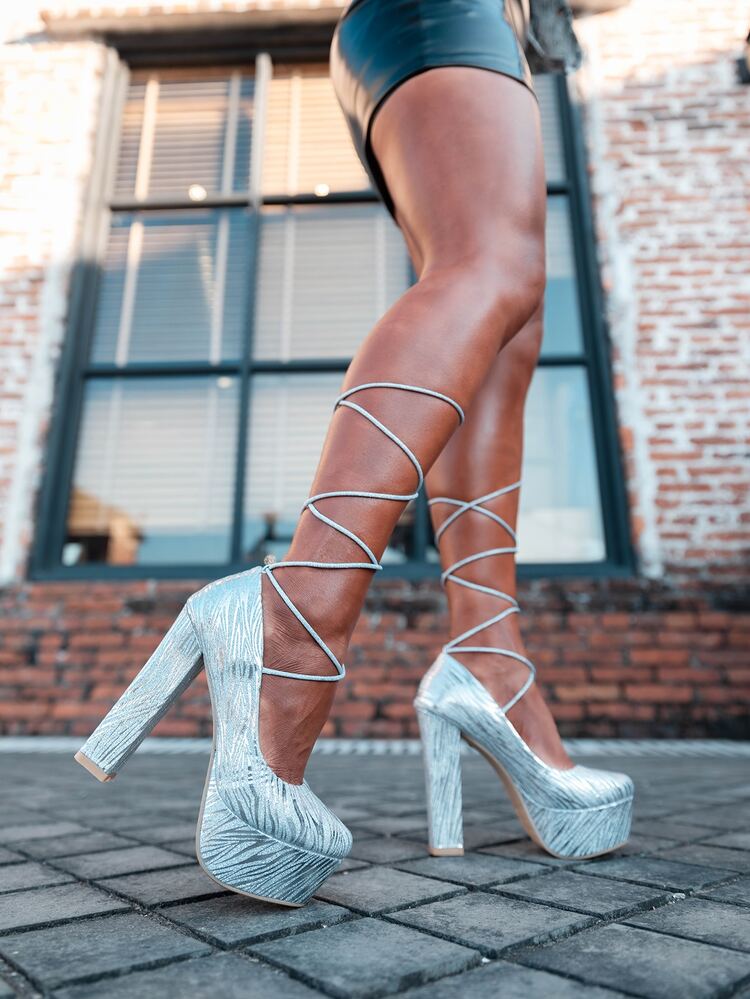 Glitter Chunky Heeled Court Pumps - Silver - View 2