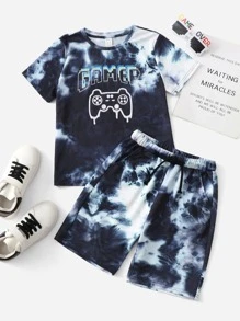 SHEIN 男孩紮染和遊戲手柄圖案T恤和短褲套裝 - 彩色 - 查看 1