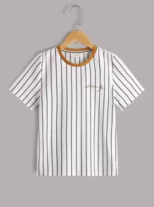 SHEIN Tween Boy Letter Embroidered Stripe Short Sleeve Contrast Collar T-Shirt, Casual Daily Summer - Ginger - View 1