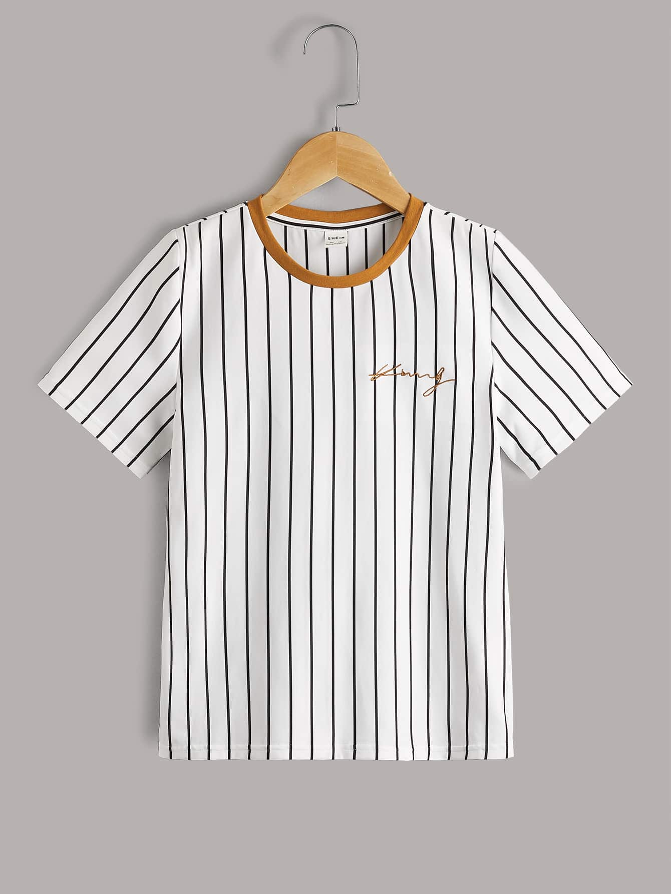 SHEIN Tween Boy Letter Embroidered Stripe Short Sleeve Contrast Collar T-Shirt, Casual Daily Summer - Ginger - View 1