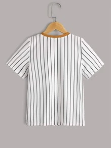 SHEIN Tween Boy Letter Embroidered Stripe Short Sleeve Contrast Collar T-Shirt, Casual Daily Summer - Ginger - View 2