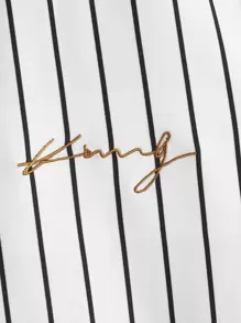 SHEIN Tween Boy Letter Embroidered Stripe Short Sleeve Contrast Collar T-Shirt, Casual Daily Summer - Ginger - View 3