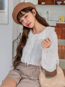 DAZY Blusa pliegue de prensa con diseño ribete con fruncido - Blanco - Ver 1