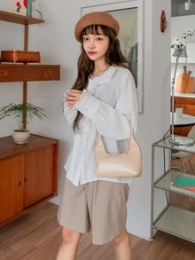 DAZY Blusa pliegue de prensa con diseño ribete con fruncido - Blanco - Ver 4