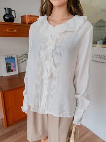 DAZY Blusa pliegue de prensa con diseño ribete con fruncido - Blanco - Ver 5