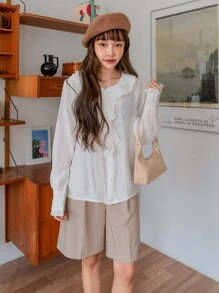 DAZY Blusa pliegue de prensa con diseño ribete con fruncido - Blanco - Ver 6