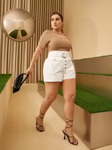 SHEIN Unity Plus D-ring Belted Flap Pocket Shorts - White - View 4