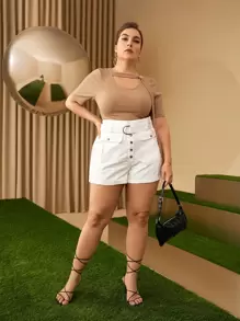 SHEIN Unity Plus D-ring Belted Flap Pocket Shorts - White - View 6