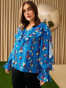 SHEIN Unity Plus Floral Print Bell Sleeve Ruffle Trim Top - Multicolor - View 6