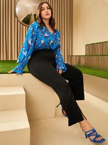 SHEIN Unity Plus Floral Print Bell Sleeve Ruffle Trim Top - Multicolor - View 1