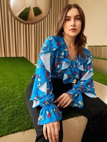 SHEIN Unity Plus Floral Print Bell Sleeve Ruffle Trim Top - Multicolor - View 7