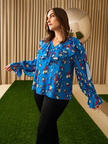 SHEIN Unity Plus Floral Print Bell Sleeve Ruffle Trim Top - Multicolor - View 2