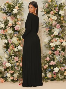 SHEIN Maternity Plunge Neck High Split Dress - Black - View 2