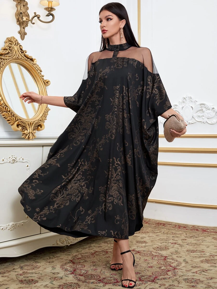 Modelyn Scroll Print Mesh Insert Mock Neck Batwing Sleeve Dress - Black - View 1