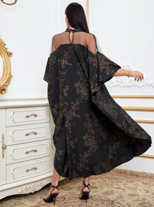 Modelyn Scroll Print Mesh Insert Mock Neck Batwing Sleeve Dress - Black - View 2