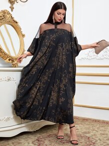 Modelyn Scroll Print Mesh Insert Mock Neck Batwing Sleeve Dress - Black - View 3