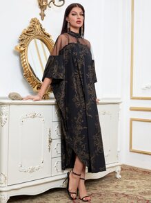 Modelyn Scroll Print Mesh Insert Mock Neck Batwing Sleeve Dress - Black - View 4