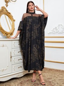 Modelyn Scroll Print Mesh Insert Mock Neck Batwing Sleeve Dress - Black - View 5