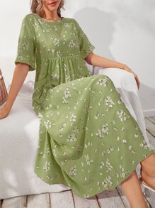 Mulvari Floral Print Pocket Front Smock Dress - Lime Green - View 1