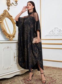 Modelyn Scroll Print Mesh Insert Mock Neck Batwing Sleeve Dress - Black - View 6