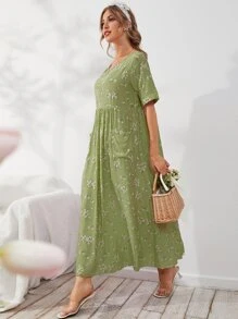 Mulvari Floral Print Pocket Front Smock Dress - Lime Green - View 4