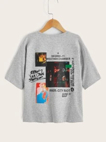 SHEIN Boys Graphic Print Drop Shoulder Tee - Light Grey - View 1