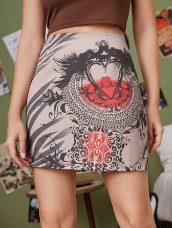 Falda con corazón & con estampado geométrico