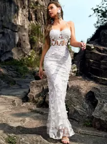 YISIKADO Váy dạ hội Maxi Cami ren guipure đính họa tiết bướm, váy dạ hội trang trọng thanh lịch màu trắng, dành cho khách dự tiệc cưới, tốt nghiệp, tiệc tối, váy dự tiệc - trắng - Xem 1