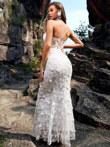 YISIKADO Váy dạ hội Maxi Cami ren guipure đính họa tiết bướm, váy dạ hội trang trọng thanh lịch màu trắng, dành cho khách dự tiệc cưới, tốt nghiệp, tiệc tối, váy dự tiệc - trắng - Xem 2