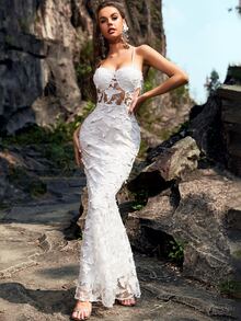 YISIKADO Váy dạ hội Maxi Cami ren guipure đính họa tiết bướm, váy dạ hội trang trọng thanh lịch màu trắng, dành cho khách dự tiệc cưới, tốt nghiệp, tiệc tối, váy dự tiệc - trắng - Xem 3