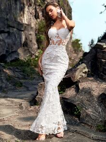 YISIKADO Váy dạ hội Maxi Cami ren guipure đính họa tiết bướm, váy dạ hội trang trọng thanh lịch màu trắng, dành cho khách dự tiệc cưới, tốt nghiệp, tiệc tối, váy dự tiệc - trắng - Xem 4